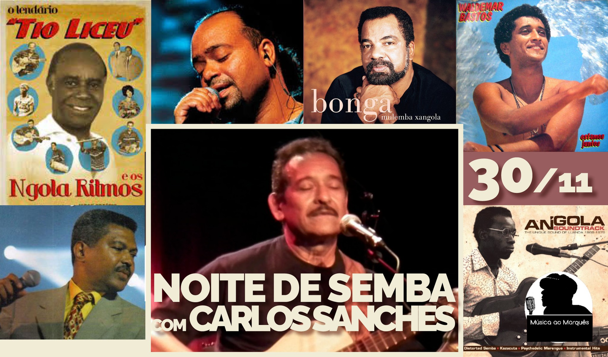 Abra a porta para boa Música ao Marquês! Noite de Semba Noite mágica de encontros, da música e da dança, o Semba, género e expoente maior da música Angolana, chega ao Malandro do Marquês na voz e a mestria do músico Carlos Sanches, com citações e interpretações de sembas e personagens da história musical Angolana, tais como, Liceu Vieira Dias, Carlos Burity, Bonga, Paulo Flores, Urbano de Castro e tantos outros nomes sonantes deste género. A arte gastronómica com os deliciosos pratos. Vem aí a Moamba, o Calulu e muito mais. Por isso e por muito mais, faça já acusa reserva para essa noite de celebração. Faça já a sua reserva! tel - 911 159 536 https://malandrodomarques.eatbu.com/#reservation Espaço Cultural e Restaurante Malandro do Marquês Rua Camilo Castelo Branco 23B, Lisboa Abrimos as portas às 19:30h Início de espetáculo às 20:30h Taxa para os artistas 5€ por pessoa Menu de Jantar de chef Ademiro Almeida - 25€ por pessoa inclui taxa para os artistas, entrada, prato principal e 2 bebidas