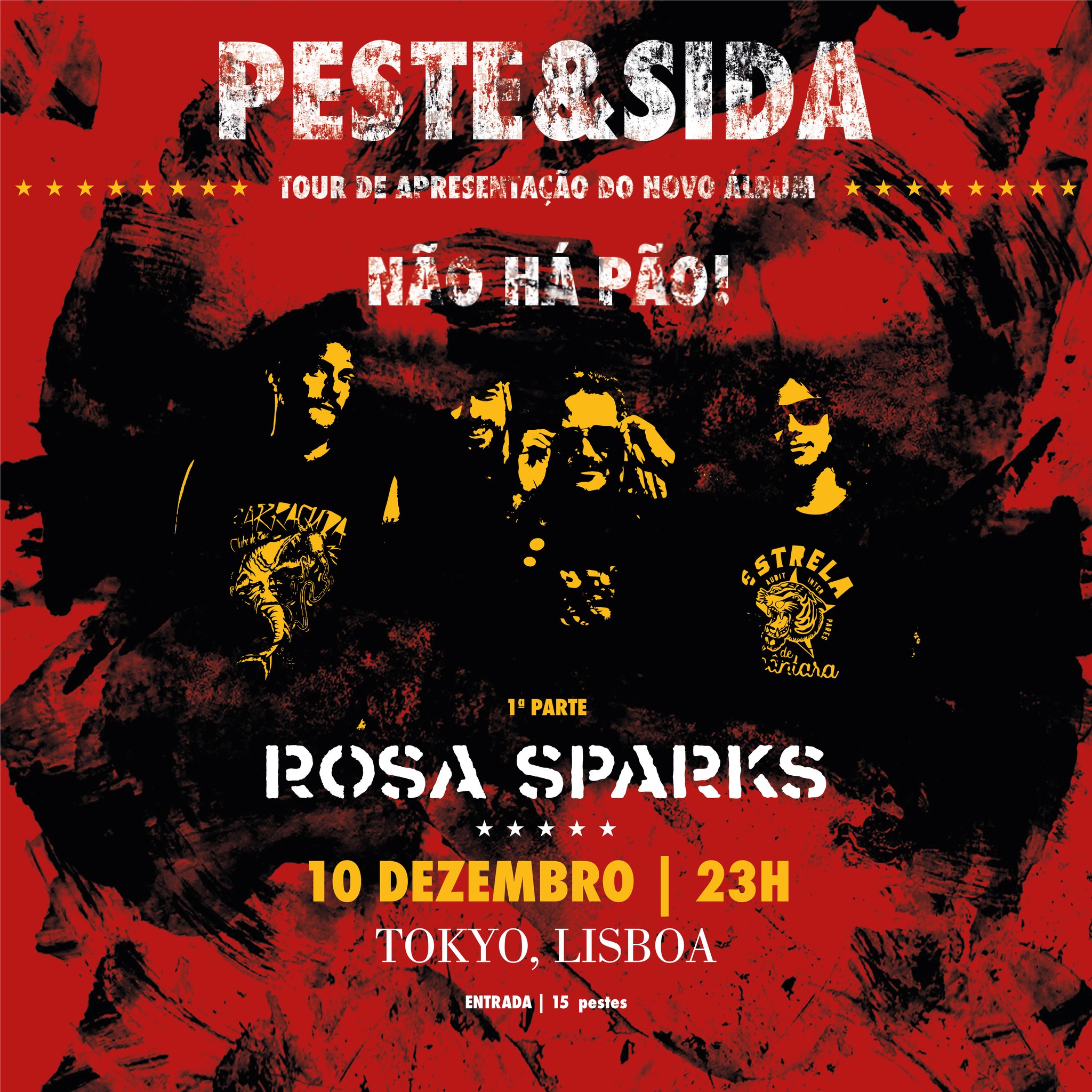 De 1986 até hoje, tudo mudou… para ficar cada vez mais na mesma. PESTE & SIDA, 36 anos no lombo, um álbum novo, grito contra as novas pragas que se vieram juntar às de sempre: NÃO HÁ PÃO, mas há Rock’n’Roll na Bang Venue ! A estupidificação alimentada pelas redes sociais e amplificada pelos “merdia” (ou será viceversa?) é combustível para o incêndio contemporâneo. Quando a luta pela sobrevivência é a única pinga do quotidiano, está na hora de beber de outras fontes. Diz a iliteracia popular que “em casa onde não há pão, todos ralham e ninguém tem razão”. É bem capaz de não ser assim: se NÃO HÁ PÃO, é porque alguém lá fora nos anda a ficar com a farinha toda. NÃO HÁ PÃO para malucos, e os “malucos” estão fartos de não ter o dito. Banda sonora da acção e da reacção contra o desgoverno que deixa as classes mais desfavorecidas à mercê das vontades dos anafados do costume, NÃO HÁ PÃO traz 10 chapadas musicais a serem devidamente distribuídas pelos focinhos das elites vampirescas, e celebradas pela comunidade PESTE & SIDA, círculo de amigos de ontem, de hoje e de amanhã. O álbum foi co-produzido por Emanuel Ramalho, histórico do pop-rock tuga (Faíscas, Corpo Diplomático, Street Kids, Rádio Macau, Delfins e muitas outras bandas). Tendo já produzido o LP “Portem-se Bem e o Maxi single “Reggae Sida” (1989), o LP “Eles Andam Aí” (1992), o LP “Não Há Crise”, e o registo “Ao Vivo no RCA” (2015), o Emanuel tem uma percepção objectiva de quem são e de como querem soar os Peste & Sida. As gravações tiveram início em Dezembro de 2021 com a captação das baterias na sala de ensaio na Arruda-dos-Vinhos; baixos, guitarras, vozes e metais foram gravados ao longo do ano 2022 no estúdio “Aqui Há Gato”, com a pandemia a condicionar datas mas os Peste a serem mais teimosos que a Covid. NÃO HÁ PÃO é luta e é festa, para a qual foram convidados músicos com fortes laços de amizade com a banda. Juntam-se à pândega Freddy Locks e Johnnie Simbiose, com quem João San Payo e Ricardo Barriga partilham palco nos Rosa Sparks. Presentes estão também o trompetista Ricardo Pinto e o saxofonista Gonçalo Prazeres, sendo que este último vai dirigir o reforço da banda com uma dupla de saxofones em palco. O grafismo do álbum é da autoria da Inês San Payo, linguagem de uma nova geração a trazer frescura aos maduros, e as fotos são fruto do profissonalão Jorge Buco, amigo e cúmplice de longa data. NÃO HÁ PÃO é uma edição de autor, e será distribuído pela Amazing Records em formato CD em Novembro de 2022, e em formato vinil no início de 2023. Tem punk, tem ska, tem a sonoridade familiar e novos territórios a serem explorados; tem homenagens e versões de José Afonso, NZZN, Rock & Varius e Sílvio César. Traz força renovada, porque isto da P.D.I. toca a todos mas resvala em alguns. Há apelo à participação, porque juntos vamos mais longe, sempre onde não nos querem. Os Peste & Sida irão para a estrada agenciados pela Amazing Artists Agency. Encontramo-nos na luta. Ei tu, vem daí! A primeira parte do concerto está a cargo de ROSA SPARKS banda oriunda da Grande Lisboa que congrega quatro amigos de longa data. A estética do colectivo é diversificado embora tenha como fio condutor o rock, presta-se também a incursões por vários estilos: punk, hardcore, dub, ou mesmo sonoridades mais jazz ou funk, as letras são pautadas por uma postura interventiva de crítica social. “Never Forget“ é o primeiro single escolhido do novo disco dos Rosa Sparks com edição prevista para o início de 2023.