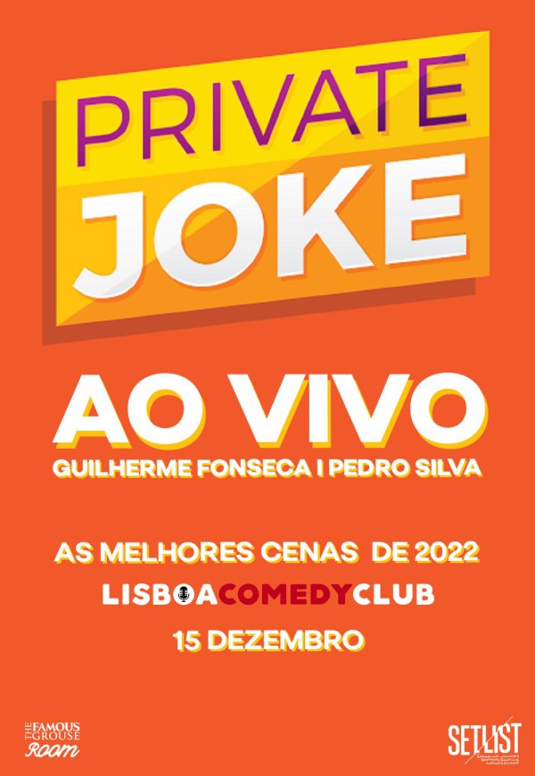 Quase a completar sete anos de existência, o podcast de cultura pop “Private Joke” apresenta-se pela primeira vez ao vivo. Guilherme Fonseca e Pedro Silva vão discutir os melhores (e piores) filmes, séries, álbuns, videojogos e livros do ano, numa noite divertida e interactiva com jogos, convidados e surpresas.