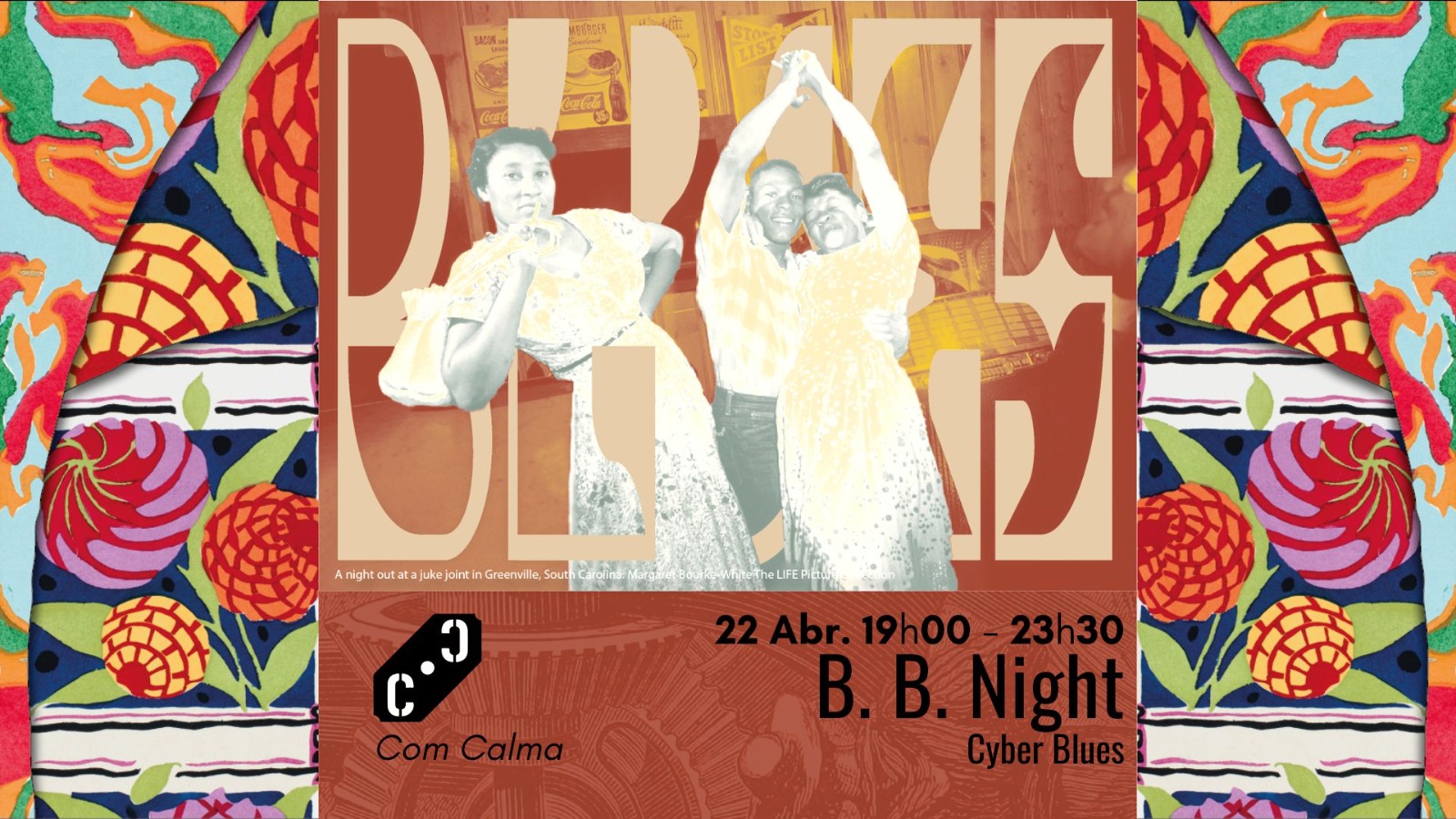 Sejam bem vindes a mais uma B.B. Night! Parte 1 - Música com DJ Wong - 19h O Wong é um fã de música que encontrou a sua paixão por Blues através da dança. A diversidade de emoções e estilos inerentes a este género são uma das muitas qualidades que ele adora. PARTE 2 – Cyber Blues - 21h A Be Blue convidou Cyber Blues para tocarem para nós Blues e ritmos associados, no Espaço Cultural Com Calma que nos tem acolhido neste projeto. Este evento pretende-nos levar a viajar pelo Blues World e mostrar as raízes da origem blues como a conhecemos hoje. Aqui poderás desfrutar da música como quiseres: sentado, em pé ou a dançar, tudo é válido! O importante é que te divirtas Entrada gratuita c/ donativo consciente!