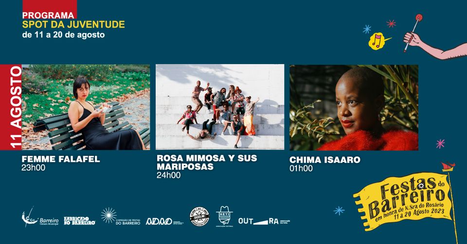 Concertos Palco da Juventude Femme Falafel Rosa Mimosa y sus Mariposas Chima Isaaro