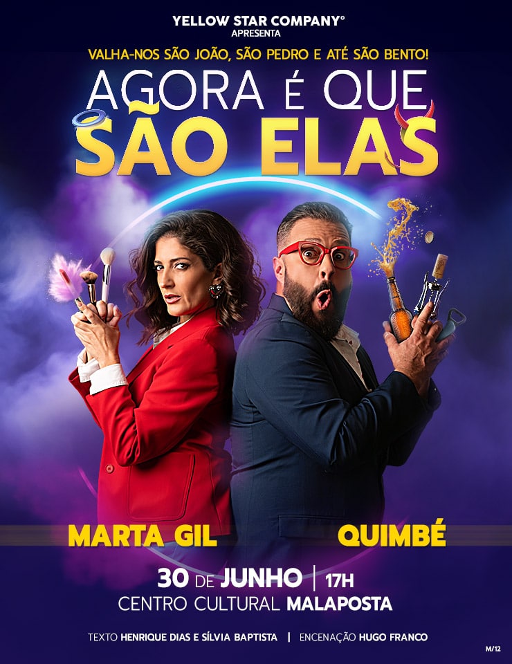 AGORA É QUE SÃO ELAS TEATRO & ARTE | TEATRO CENTRO CULTURAL MALAPOSTA AUDITÓRIO CLASSIFICAÇÃO ETÁRIA Maiores de 12 anos SESSÃO 30 jun 2024 17:00 DURAÇÃO 75 minutos INTERVALO Sem Intervalo PROMOTOR Yellow Star Company PREÇOS Plateia - 14€ a 17,50€ SINOPSE Alda e Paulo, um casal de oradores muito especial, vão apresentar ao vivo o seu revolucionário método para a felicidade conjugal, o “Bora Juntos”, baseado na sua experiência pessoal e em anos de palestras um pouco por todo o lado. Uma comédia onde o sexo, o amor, os amigos e onde guardar fotos de antigas namoradas, são apenas alguns dos temas abordados e que ensinam todos os métodos para um casamento em pleno. Marta Gil e Quimbé são o casal de motivadores que vão sugerir, aconselhar e explicar em detalhe como se chega ao nirvana caseiro. Estão prontos para serem felizes? Agora é que são elas!!!! FICHA ARTÍSTICA Texto: Henrique Dias e Sílvia Baptista Encenação: Hugo Franco Produção: Yellow Star Company Elenco: Marta Gil e Quimbé CONTACTOS PARA RESERVAS 938 339 851 | bilheteiramalaposta@yellowstarcompany.com NOTAS SUPLEMENTARES Espetáculo com lugares marcados