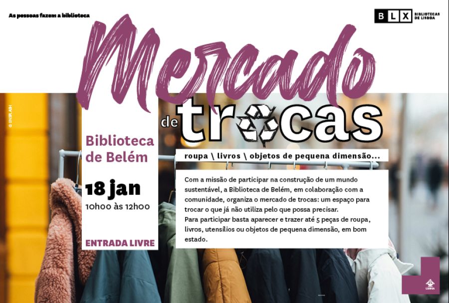 Mercado de trocas : roupa, livros, objetos de pequena dimensão...