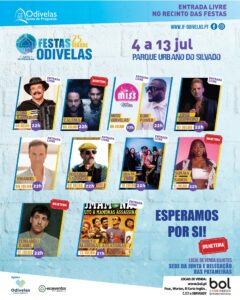 FESTAS DA CIDADE DE ODIVELAS 2025 - cartaz completo! ð£️ Anunciamos o cartaz completo da edição deste ano das Festas da Cidade, que estarão no Parque Urbano do Silvado de 4 a 13 de julho: ➡️ Dia 4 - Quim Barreiros ➡️ Dia 5 - Calema ➡️ Dia 6 - Concurso Miss Odivelas / Dom Power ➡️ Dia 7 - Jorge Guerreiro ➡️ Dia 8 - Emanuel ➡️ Dia 9 - Rouxinol Faduncho ➡️ Dia 10 - Ena Pá 2000 ➡️ Dia 11 - Soraia Ramos ➡️ Dia 12 - Fernando Daniel ➡️ Dia 13 - Tributo a Mamonas Assassinas A entrada no recinto é sempre gratuita! Nos dias de concertos sujeitos a bilheteira (Calema, Soraia Ramos e Fernando Daniel), apenas fica vedada a portadores de bilhete a zona dos espetáculos, junto ao palco. Todo o espaço restante é de livre acesso. ð Compre os seus bilhetes na Sede da Junta de Freguesia, na Delegação das Patameiras ou na BOL