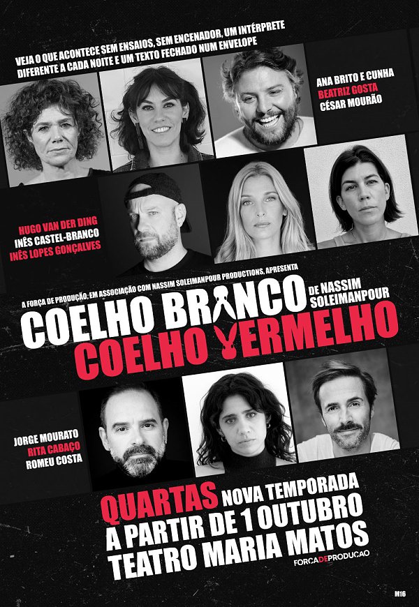 Coelho Branco Coelho Vermelho | Teatro Maria Matos em Outubro e Novembro Descubra o que acontece sem ensaios, sem encenador, com um intérprete diferente a cada apresentação e o texto guardado num envelope selado à espera de ser aberto. Em cada sessão, um novo protagonista. Em cada noite, uma experiência irrepetível: 1 Outubro – Inês Castel-Branco 8 Outubro – Hugo van der Ding 15 de Outubro - Rita Cabaço 29 Outubro – Romeu Costa 5 Novembro – Inês Lopes Gonçalves 12 Novembro – Ana Brito e Cunha 3 Dezembro – Jorge Mourato 10 Dezembro – Beatriz Gosta 17 Dezembro – César Mourão Os bilhetes já se encontram à venda na Ticketline e locais habituais Sobre o espectáculo: COELHO BRANCO COELHO VERMELHO, do iraniano Nassim Soleimanpour, é uma das peças mais apresentadas da história recente do teatro. Em palco: um intérprete e um envelope fechado. A cada noite uma aventura completamente diferente, dependente unicamente da forma como as palavras do autor ressoam em cada um dos artistas em palco, que nunca se repetem. Uma aventura experimental que abraça a tragédia e a comédia e que alcançou um sucesso sem precedentes. Uma experiência de cortar a respiração, com alguns dos mais reconhecidos nomes do nosso teatro, cinema e televisão. Proibido de deixar o seu país, o dramaturgo Nassim Soleimanpour condensou a experiência de toda uma geração numa peça selvagem e absolutamente original.
