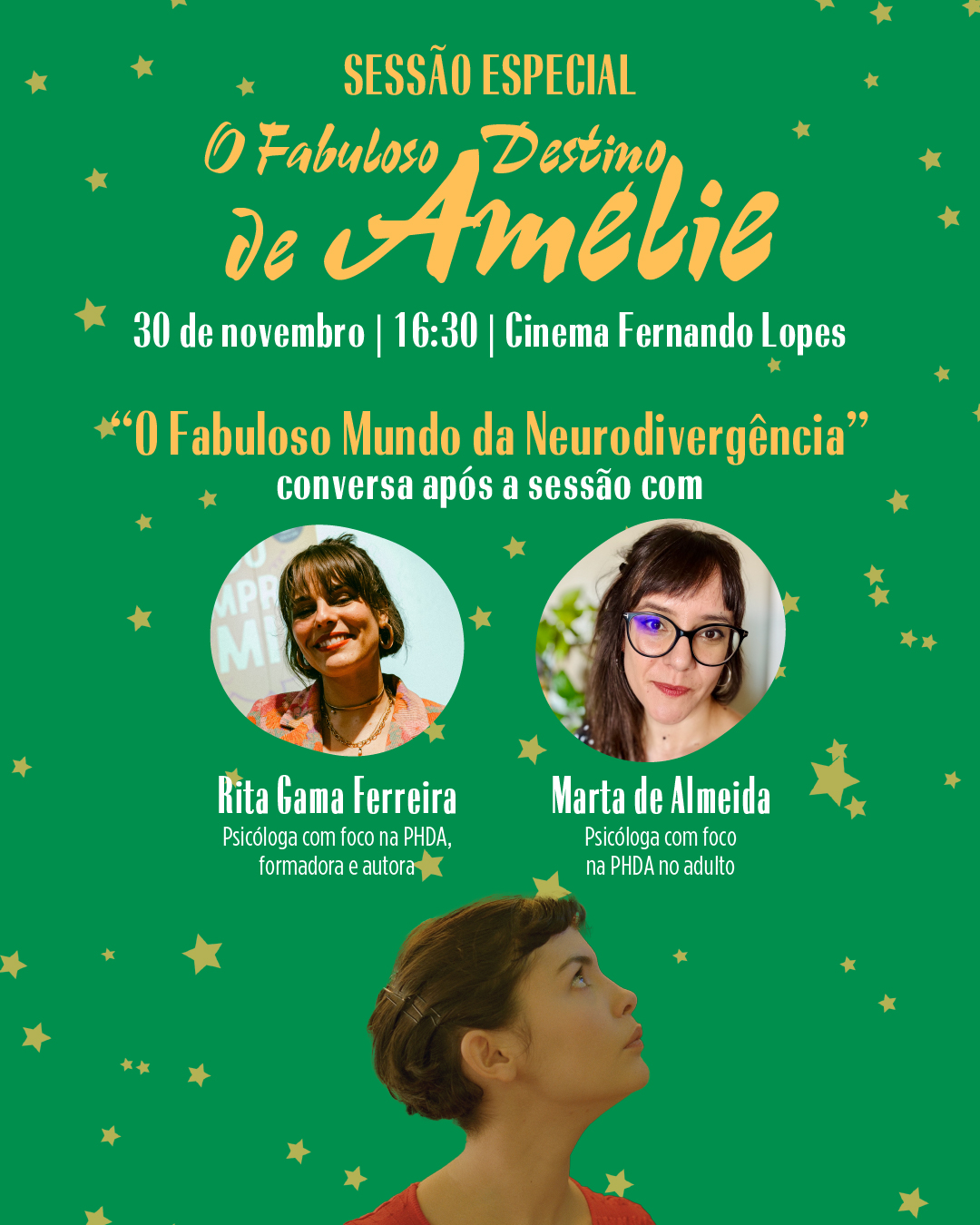 Sessão especial do filme O FABULOSO DESTINO DE AMÉLIE, de Jean-Pierre Jeunet, no Cinema Fernando Lopes