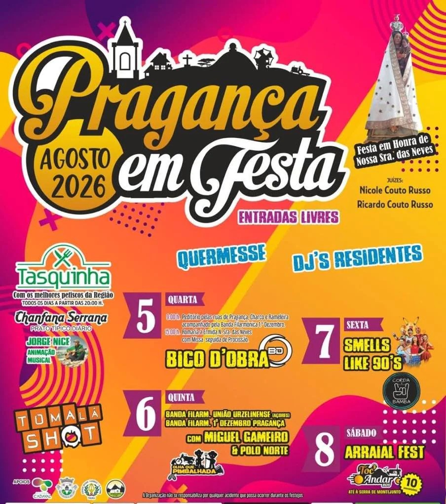 Pragança em Festa 2026 recebe Miguel Gameiro & Pólo Norte e mantém histórica romaria à Serra de Montejunto ð¶⛰️ A Festa em Honra de Nossa Senhora das Neves 2026 regressa a Pragança, no concelho do Cadaval, entre 5 e 8 de agosto, com quatro dias de devoção, concertos, bandas filarmónicas, quermesse, gastronomia regional e animação pela noite dentro. O grande destaque musical será o concerto de Miguel Gameiro & Pólo Norte, integrado numa programação que inclui ainda Bico d’Obra, Smells Like 90’s, Arraial Fest, Corda Bamba, Olha Que Pimbalhada, duas bandas filarmónicas e DJs residentes. Todas as atividades anunciadas têm entrada livre. ð Datas: De quarta-feira, 5 de agosto, a sábado, 8 de agosto de 2026 ð Local: Pragança, União das Freguesias de Lamas e Cercal, Cadaval ð¸ Entrada: Livre ð¶ Principais atrações: Miguel Gameiro & Pólo Norte, Bico d’Obra, Smells Like 90’s, Arraial Fest, Corda Bamba e Olha Que Pimbalhada ð½️ Tasquinha: Petiscos regionais todos os dias a partir das 20h00 ð¥ Prato típico diário: Chanfana serrana ð§ Outras propostas: Quermesse, DJs residentes, animação musical com Jorge Nice e espaço Tomala Shot ð¥ Juízes da festa: Nicole Couto Russo e Ricardo Couto Russo Programa da Festa de Nossa Senhora das Neves 2026 ð Quarta-feira, 5 de agosto • 09h00 – Peditório pelas ruas de Pragança, Charco e Ramalheira, acompanhado pela Banda Filarmónica 1.º de Dezembro • 15h00 – Romaria à Ermida de Nossa Senhora das Neves, com missa seguida de procissão • Atuação dos Bico d’Obra • Animação com DJs residentes O primeiro dia concentra alguns dos momentos mais antigos e simbólicos da celebração. O peditório percorre várias localidades da zona, ao som da banda filarmónica, antes da tradicional subida à Serra de Montejunto. A romaria culmina na Ermida de Nossa Senhora das Neves, onde se realiza a missa e a procissão. Depois das cerimónias religiosas, o ambiente muda de ritmo com a atuação dos Bico d’Obra, grupo dedicado à animação de festas e bailes populares. ð Quinta-feira, 6 de agosto • Atuação da Banda Filarmónica União Urzelinense, dos Açores • Atuação da Banda Filarmónica 1.º de Dezembro de Pragança • Concerto de Miguel Gameiro & Pólo Norte • Espetáculo de Olha Que Pimbalhada • DJs residentes A quinta-feira deverá ser uma das noites mais concorridas da edição de 2026. O programa começa por valorizar a tradição filarmónica, reunindo uma formação local e uma convidada proveniente da ilha de São Jorge. A Sociedade União Urzelinense celebrou o primeiro centenário em dezembro de 2025, mantendo viva uma longa tradição musical e associativa na freguesia da Urzelina, nos Açores. A presença da sua banda em Pragança cria um encontro entre duas comunidades com uma forte ligação às filarmónicas e às festas religiosas. O palco recebe depois Miguel Gameiro & Pólo Norte, responsáveis pelo principal concerto do cartaz. Miguel Gameiro & Pólo Norte celebram três décadas de canções Miguel Gameiro iniciou o seu percurso musical em 1992, aos 18 anos, como fundador e vocalista dos Pólo Norte. O primeiro álbum da banda, “Expedição”, foi editado em 1994, enquanto a carreira a solo do músico começou em 2010 com o disco “A Porta ao Lado”. Em 2026, Miguel Gameiro e os Pólo Norte encontram-se a celebrar aproximadamente três décadas de carreira e de ligação ao público português. O repertório inclui temas como “Deixa o Mundo Girar”, “Aprender a Ser Feliz” e “Pura Inocência”, canções que marcaram diferentes fases da pop portuguesa. A atuação em Pragança deverá cruzar os principais êxitos do grupo com temas da carreira individual de Miguel Gameiro, numa noite preparada para reunir várias gerações. A programação de quinta-feira inclui ainda Olha Que Pimbalhada, proposta de ambiente popular, festivo e bem-humorado, antes de a animação continuar com os DJs residentes. ð Sexta-feira, 7 de agosto • Espetáculo Smells Like 90’s • Atuação de Corda Bamba • DJs residentes A noite de sexta-feira será marcada pela nostalgia musical. O espetáculo Smells Like 90’s propõe uma viagem pelas sonoridades que dominaram a década de 1990 e que continuam a fazer parte da memória coletiva de várias gerações. O programa inclui também Corda Bamba, reforçando o ambiente de arraial e de animação popular previsto para esta noite. ð Sábado, 8 de agosto • Arraial Fest • Toc’Andar até à Serra de Montejunto • Animação com DJs residentes O último dia apresenta o Arraial Fest, numa noite pensada para encerrar os festejos com música, dança e convívio. O programa inclui também o tradicional Toc’Andar até à Serra de Montejunto, uma iniciativa profundamente ligada à identidade da festa. Em edições anteriores, esta romaria realizou-se durante a madrugada, partindo de Pragança em direção ao santuário, numa caminhada de agradecimento à padroeira pelo bom decorrer dos festejos. Uma romaria com raízes medievais na Serra de Montejunto A devoção a Nossa Senhora das Neves em Pragança possui uma história muito anterior ao atual formato de concertos e arraial. No alto da Serra de Montejunto encontra-se a capela dedicada à padroeira, local de romarias pelo menos desde a Idade Média. A construção da ermida é anterior ao primeiro convento dominicano erguido no topo da serra durante o século XIII. No interior conserva-se uma imagem de Nossa Senhora das Neves datada do século XVI e um painel de azulejos alusivo à história da Ordem dos Dominicanos. Todos os anos, no dia 5 de agosto, a comunidade volta a realizar a romaria à capela. A tradição turística local descreve esta como uma romaria de raiz medieval que, em tempos, era organizada apenas pelos rapazes solteiros da localidade. A celebração atravessou sucessivas gerações, mantendo a caminhada, o acompanhamento filarmónico, a missa e a procissão como elementos centrais. Esta ligação à Serra de Montejunto torna a Festa de Nossa Senhora das Neves diferente de muitos outros arraiais de verão. A programação musical cresceu e modernizou-se, mas a romaria continua a ocupar o centro da celebração. Tasquinha, chanfana serrana e produtos regionais A gastronomia volta a desempenhar um papel importante na festa. A tasquinha abre todos os dias a partir das 20h00, com petiscos típicos da região e serviço de bebidas. A chanfana serrana será apresentada como prato tradicional diário, proporcionando aos visitantes uma oportunidade para conhecer os sabores associados à zona de Montejunto. O recinto contará ainda com quermesse, animação musical de Jorge Nice, DJs residentes e o espaço Tomala Shot. A combinação de comida regional, concertos e tradição religiosa pretende criar um ambiente de encontro para moradores, famílias e visitantes. Com entrada gratuita e um cartaz que junta um dos nomes mais conhecidos da pop portuguesa a uma das mais antigas romarias do Cadaval, Pragança em Festa 2026 promete quatro dias intensos no sopé da Serra de Montejunto. Chegue cedo, aproveite a tasquinha e acompanhe uma celebração onde a música moderna continua lado a lado com séculos de tradição. Descubra mais festas e eventos em Lisboa ð­ ð Conheça as principais festas e arraiais em Lisboa https://cartazculturallisboa.pt/2024/05/11/festas-e-arraiais-em-lisboa/ ð Veja o calendário completo de eventos em Lisboa https://cartazculturallisboa.pt/agenda-eventos-lisboa/ ð Descubra o que fazer este fim de semana em Lisboa https://cartazculturallisboa.pt/eventos-este-fim-de-semana-em-lisboa/ ð Explore a agenda infantil de Lisboa https://cartazculturallisboa.pt/agenda-infantil-de-lisboa/