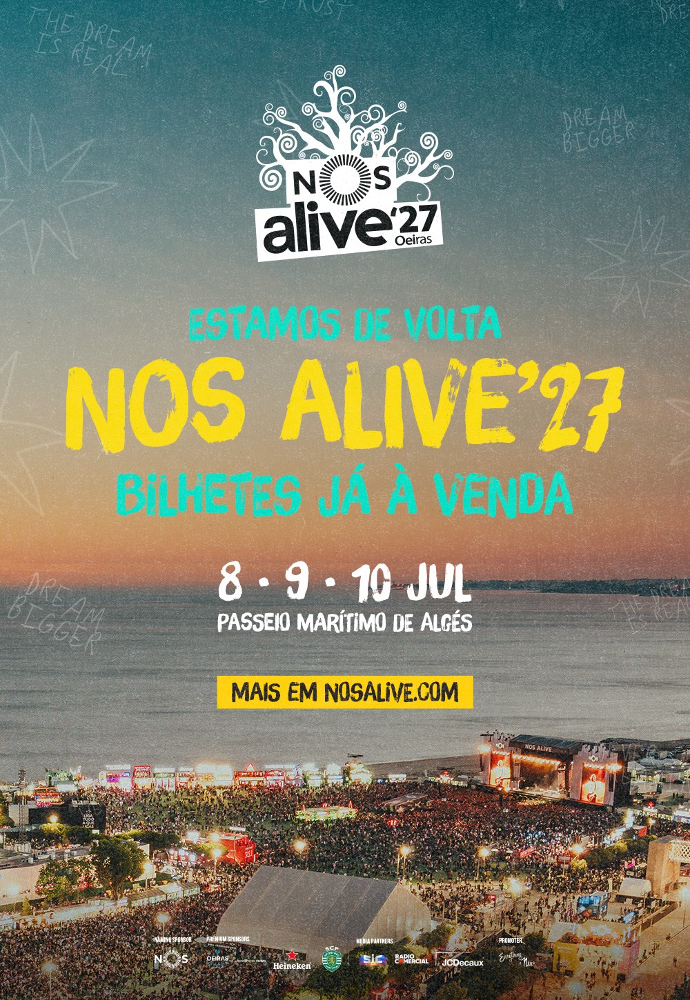 O NOS Alive regressa ao Passeio Marítimo de Algés nos dias 8, 9 e 10 de julho de 2027 para a 19.ª edição.