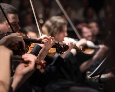 Fotografia de músicos a tocar violino durante uma performance de música clássica, capturando a concentração e a habilidade dos instrumentistas. A imagem é ideal para promover concertos de música clássica em Lisboa, destacando a dedicação e a elegância da orquestra
