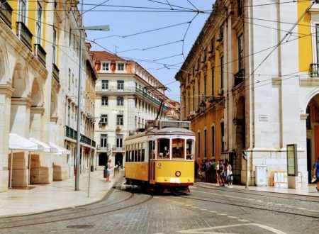 Cartaz Cultural de Lisboa Fotografia de um elétrico amarelo a circular pelas ruas históricas de Lisboa. O elétrico passa entre edifícios antigos com fachadas clássicas, refletindo a arquitetura tradicional da cidade. O céu está limpo e várias pessoas caminham nas proximidades, apreciando o ambiente pitoresco da capital portuguesa.